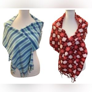 Cozy Winter Scarves Set - Striped Blue &‎ Plaid Red Pattern with Fringe Detail
